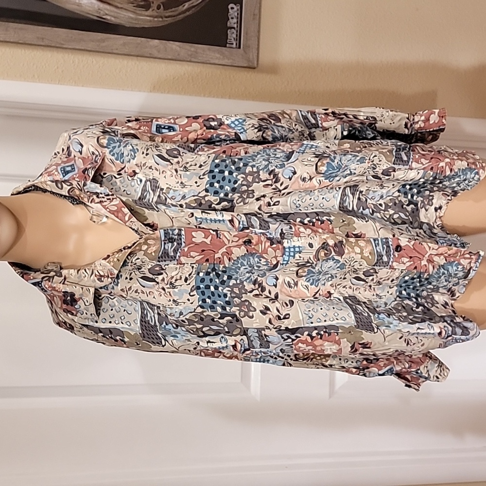 Cote de France 100% Silk Vintage Long Sleeve Multicolor Blouse, Size Large